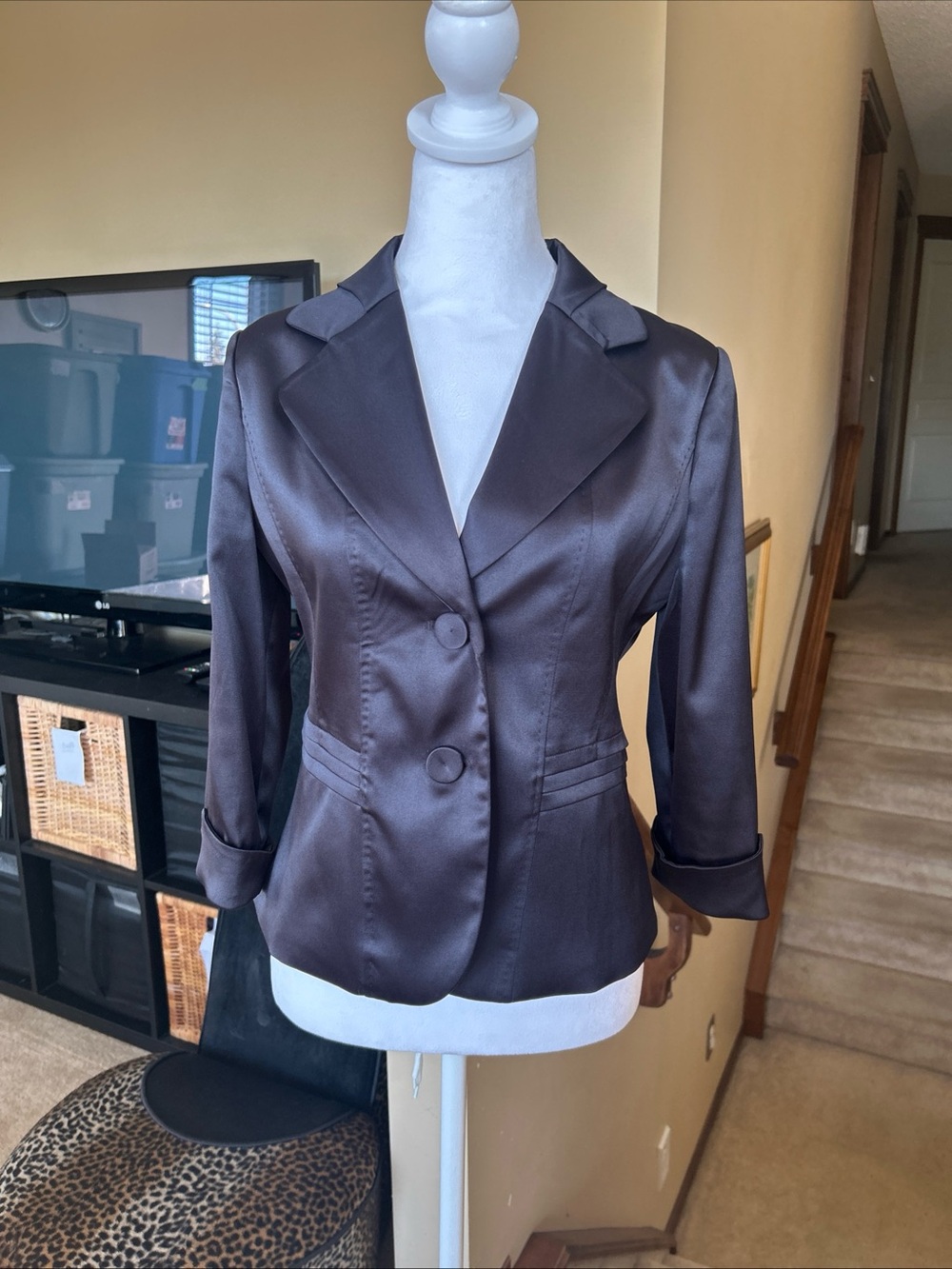 Women's Satin Tailored 2 Button wide Collared Blazer -Black